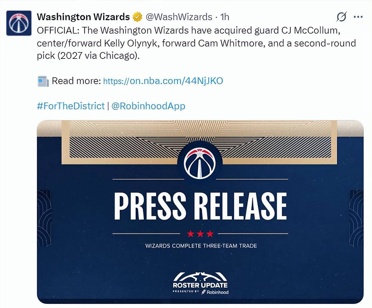 华盛顿奇才宣布欢迎新成员加盟 致谢前队员奠定基石