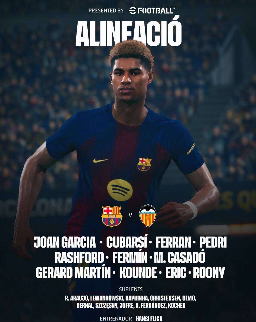 巴萨vs瓦伦西亚：拉什福德、巴尔德吉首发，莱万替补